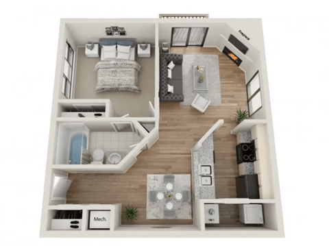 Floor plan for 1 bed, 1 bath, 676 sqft